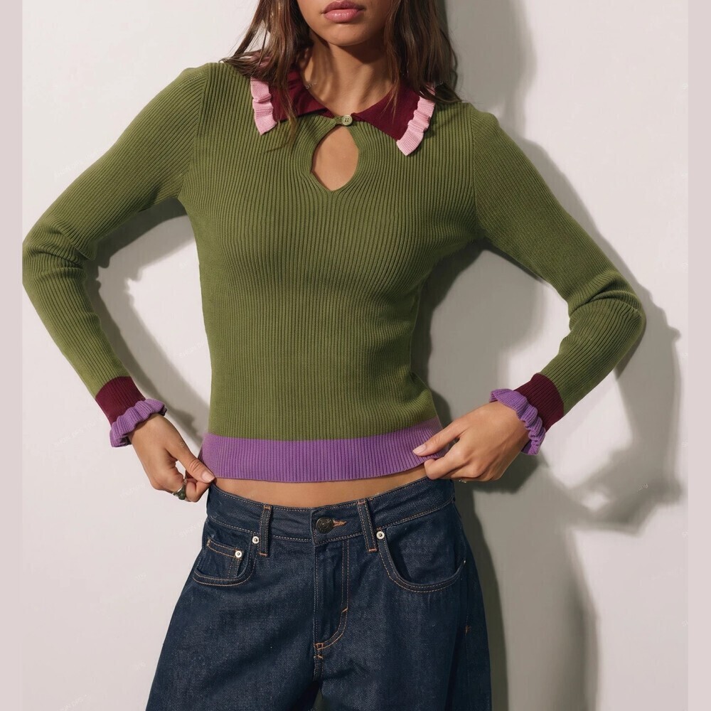 Olive Green Ribbed Knit Colorblock Ruffle Collar Keyhole Sweater - Picture 5 of 7